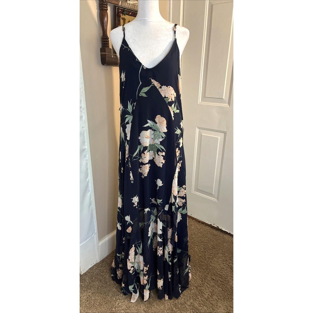 NWT Lulus Feeling Freesia Navy Blue Floral Print V-Neck Maxi Dress Sz L No Belt